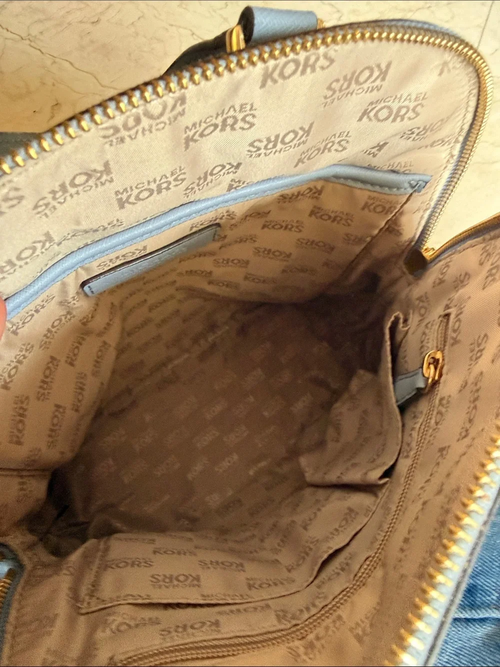 Michael Kors Pale Blue Saffiano Leather Backpack with Gold Hardware